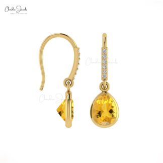 Dangle Drop 14k Solid Gold Earrings With 8x6mm Citrine And G-H Diamond Earrings For GF