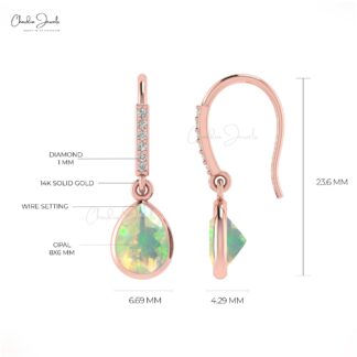 Pear Drop Fire Opal Earring In 14k Solid Gold October Birthstone Dangle Diamond Earrings