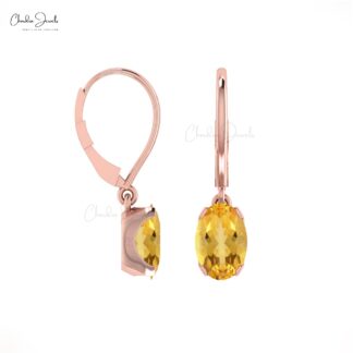 Dangling 14k Solid Gold Earrings With 6x4mm Citrine Gemstone Lever Back Earrings For Women
