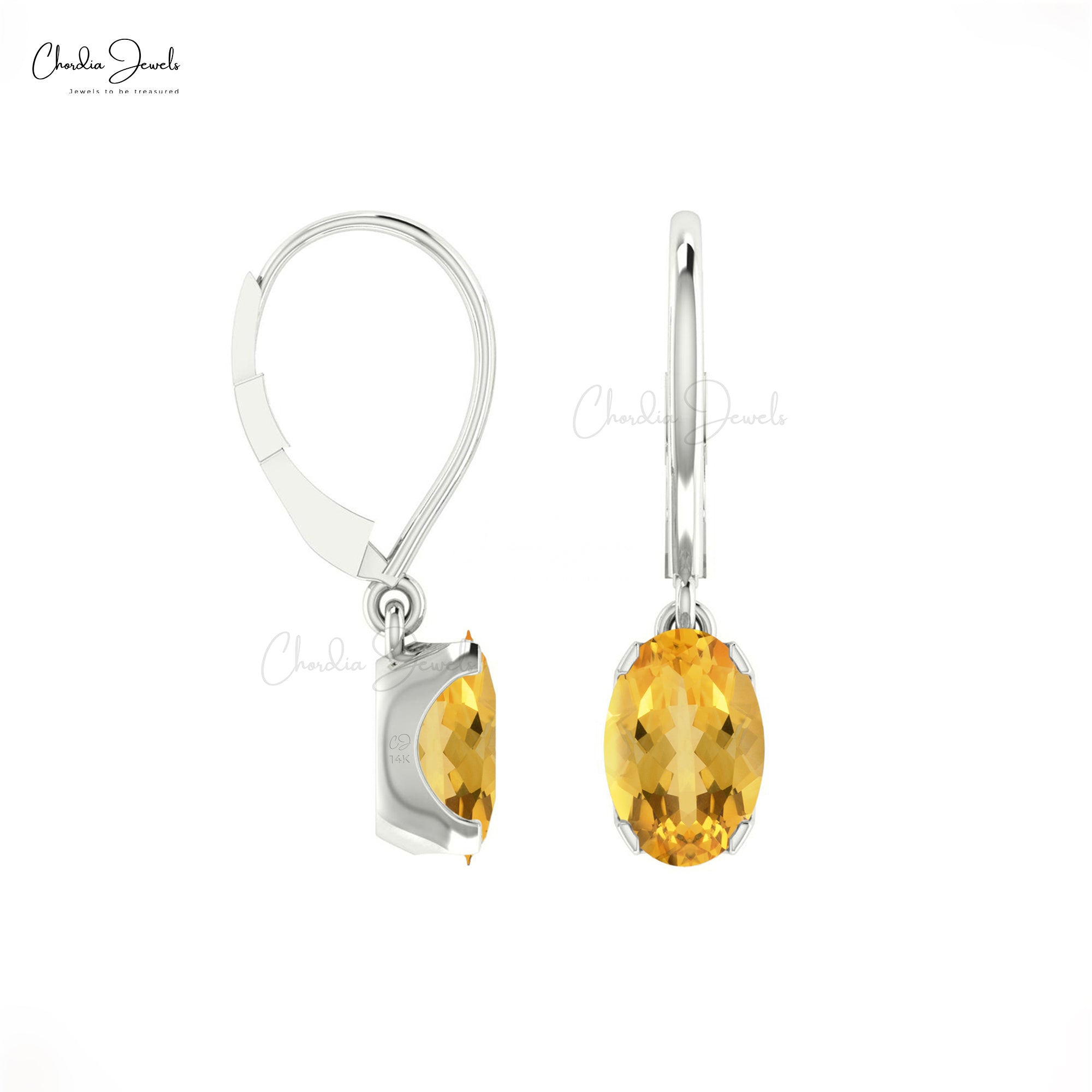 Dangling 14k Solid Gold Earrings With 6x4mm Citrine Gemstone Lever Back Earrings For Women