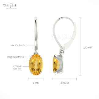 Dangling 14k Solid Gold Earrings With 6x4mm Citrine Gemstone Lever Back Earrings For Women