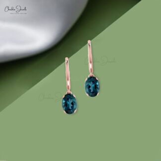 6x4mm London Blue Topaz Dangle Earrings in 14k Solid Gold with Lever Back Closure