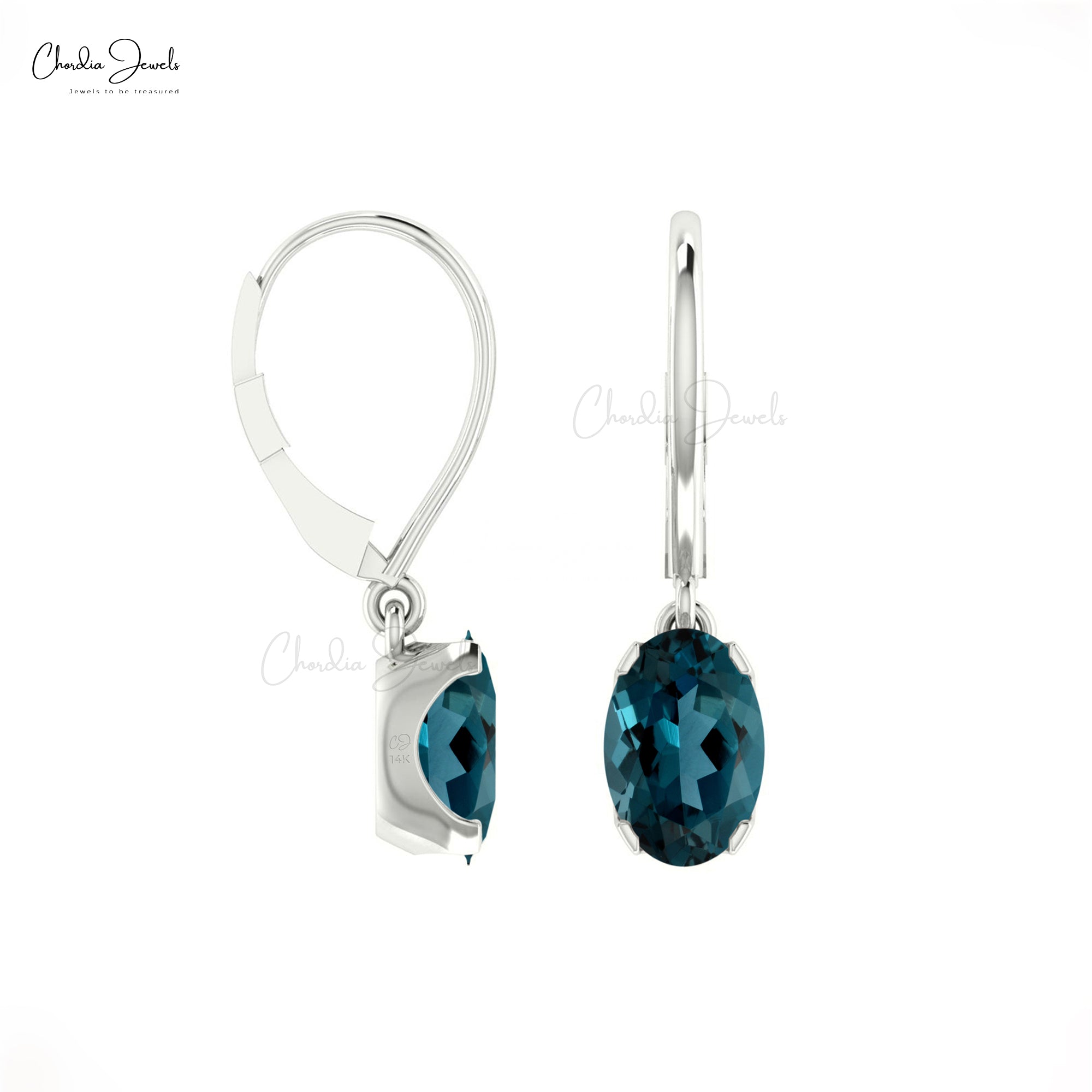 6x4mm London Blue Topaz Dangle Earrings in 14k Solid Gold with Lever Back Closure