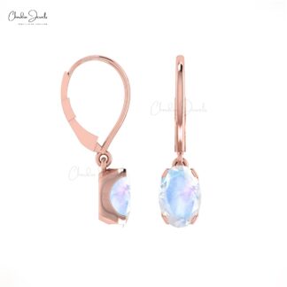 Solid 14k Gold Dangle Earring With 6x4mm Rainbow Moonstone Solitaire Earrings For Mom