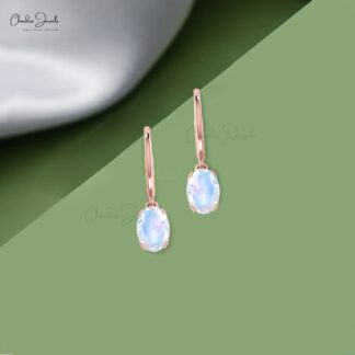 Solid 14k Gold Dangle Earring With 6x4mm Rainbow Moonstone Solitaire Earrings For Mom