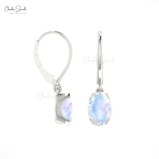 Solid 14k Gold Dangle Earring With 6x4mm Rainbow Moonstone Solitaire Earrings For Mom