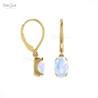Solid 14k Gold Dangle Earring With 6x4mm Rainbow Moonstone Solitaire Earrings For Mom