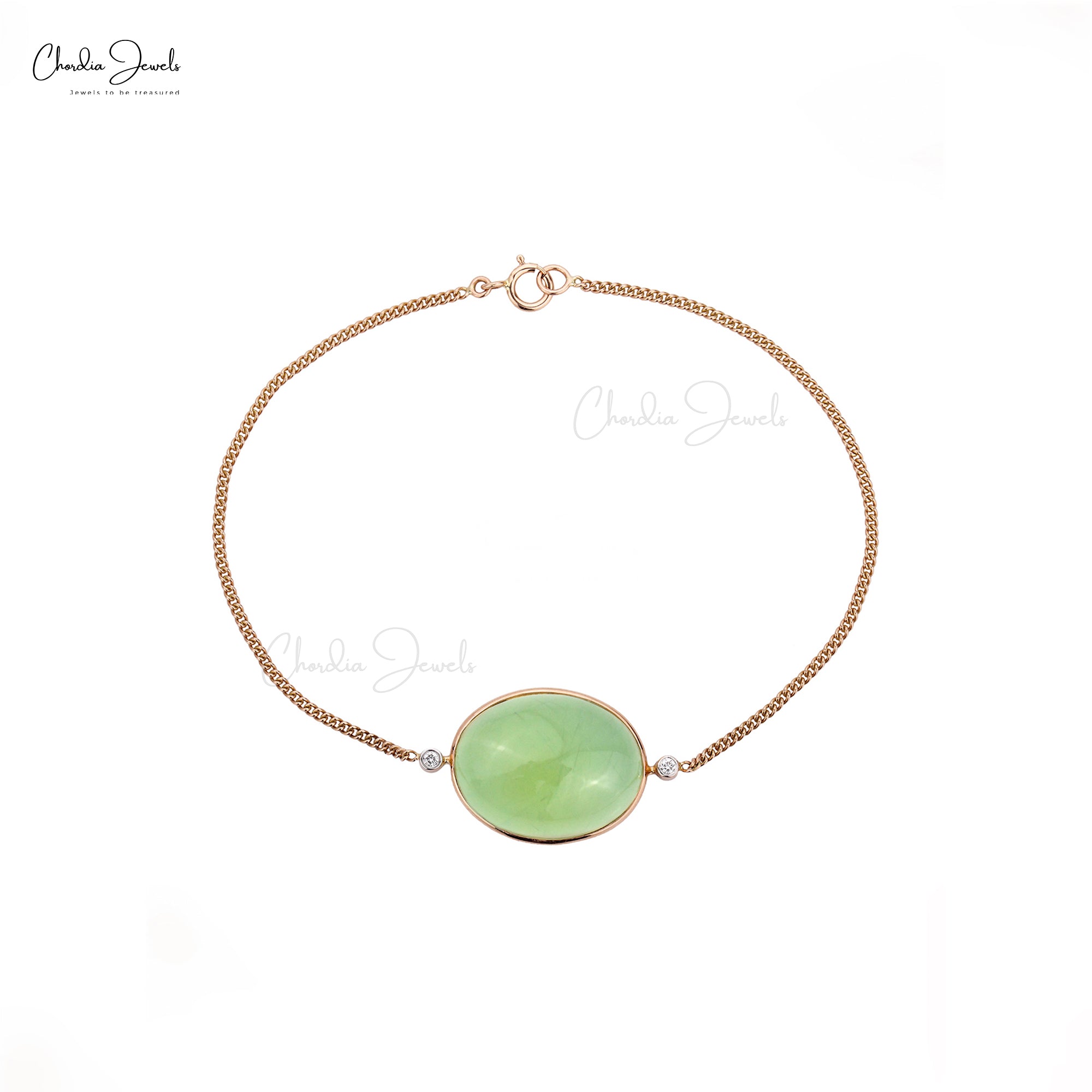 Oval Prehnite Chain Bracelet With G-H Diamond Accents In 14k Rose Gold Women Bracelets