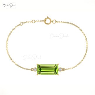 Natural Baguette Peridot And Diamond Bezel Set Chain Bracelet in 14k Solid Gold