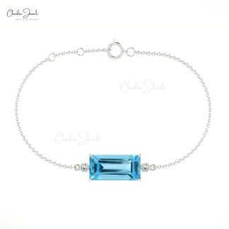 Handcrafted 14k Gold Chain Bracelet with 4.76 Ct Swiss Blue Topaz and Diamond Accents
