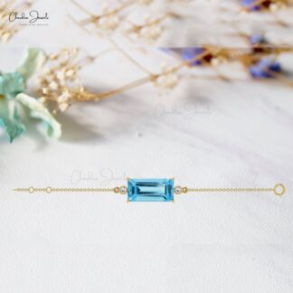 Handcrafted 14k Gold Chain Bracelet with 4.76 Ct Swiss Blue Topaz and Diamond Accents