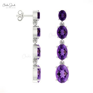 Four Stone Dangler Earrings With 3.4 CTW Amethyst Oval Gemstone In 14k Pure Gold Fine Jewelry