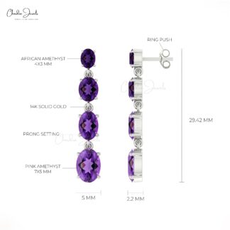 Four Stone Dangler Earrings With 3.4 CTW Amethyst Oval Gemstone In 14k Pure Gold Fine Jewelry