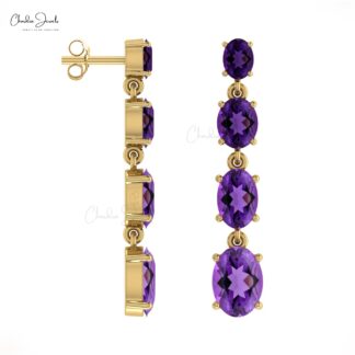 Four Stone Dangler Earrings With 3.4 CTW Amethyst Oval Gemstone In 14k Pure Gold Fine Jewelry