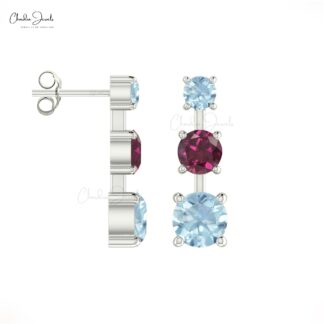 Three Stone Studs In 14k Solid Gold With 4mm Rhodolite And Aquamarine Prong Set Earrings For Her