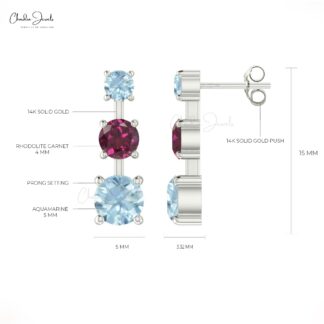 Three Stone Studs In 14k Solid Gold With 4mm Rhodolite And Aquamarine Prong Set Earrings For Her