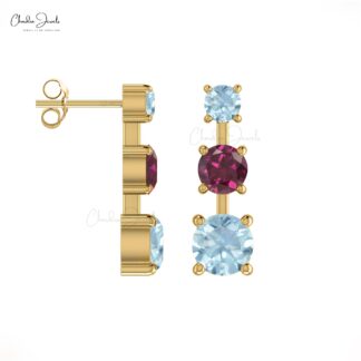 Three Stone Studs In 14k Solid Gold With 4mm Rhodolite And Aquamarine Prong Set Earrings For Her