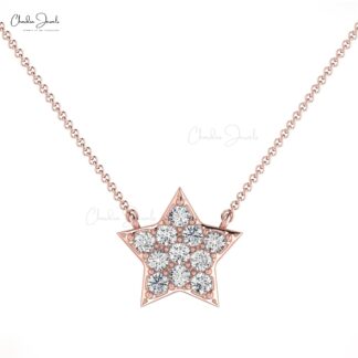 Brilliant Cut Star Pendant in 14k Solid Gold with 0.15 Ct White Diamond Cluster Necklace