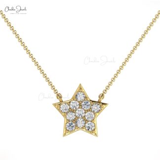 Brilliant Cut Star Pendant in 14k Solid Gold with 0.15 Ct White Diamond Cluster Necklace