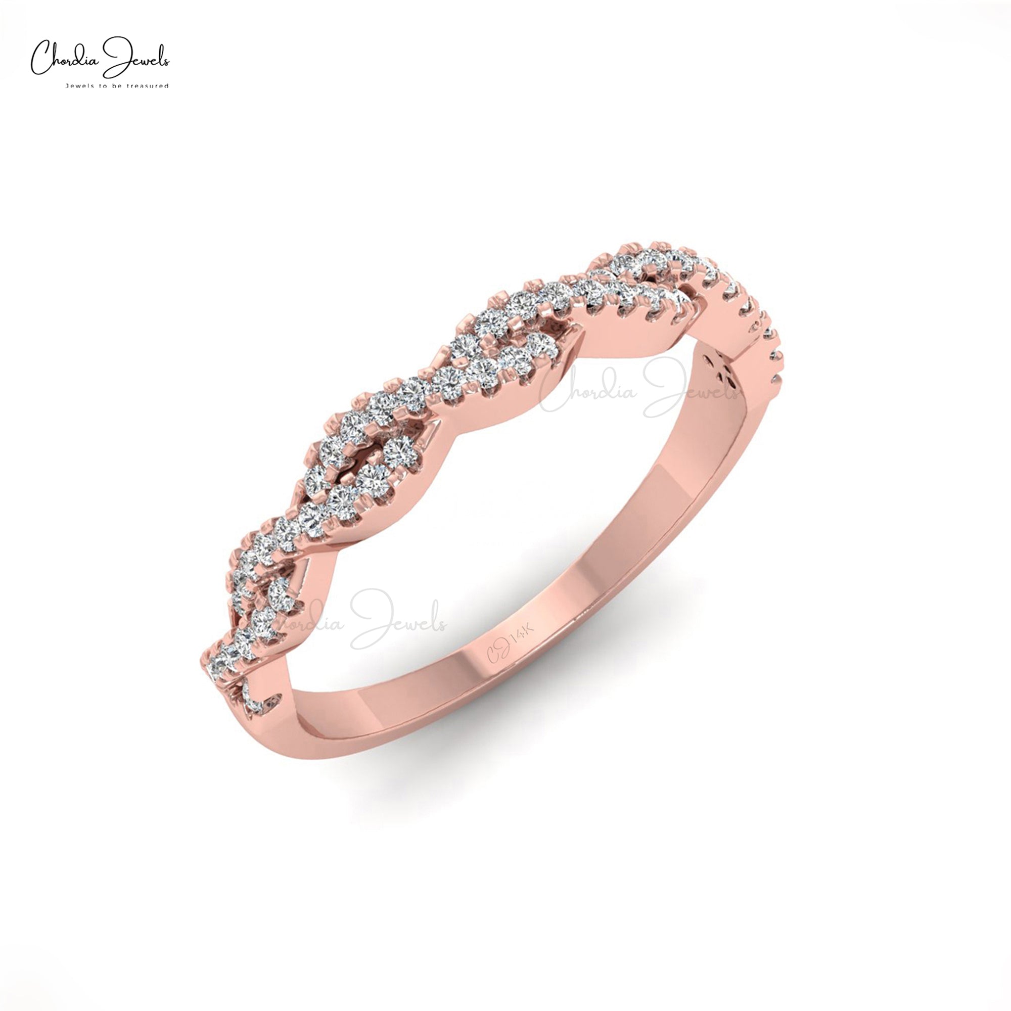 Solid 14k Gold Half Eternity Band With 0.16 Ct White Diamond Overlapping Engagement Ring