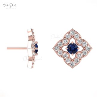 Solid 14k Gold Blossom Studs With 0.06 CT Blue Sapphire And Small Diamond Earrings For Mom