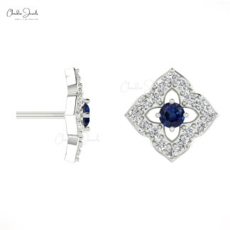 Solid 14k Gold Blossom Studs With 0.06 CT Blue Sapphire And Small Diamond Earrings For Mom