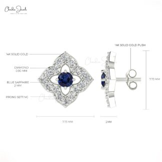 Solid 14k Gold Blossom Studs With 0.06 CT Blue Sapphire And Small Diamond Earrings For Mom