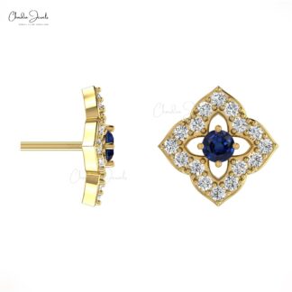 Solid 14k Gold Blossom Studs With 0.06 CT Blue Sapphire And Small Diamond Earrings For Mom