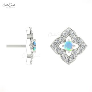 Flower Style Halo Diamond Studs In 14k Solid Gold Fire Opal 2mm Gemstone Wedding Earrings