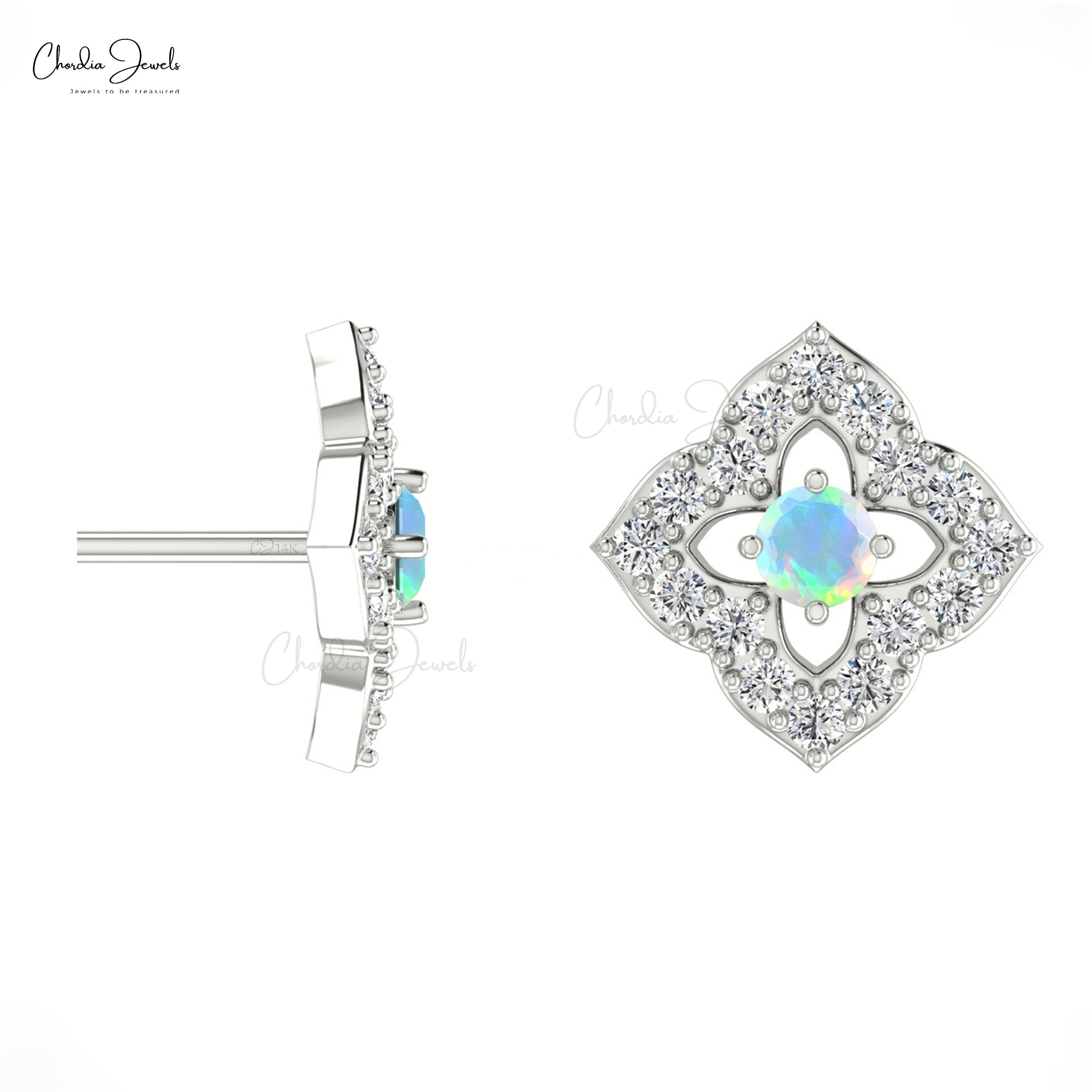 Flower Style Halo Diamond Studs In 14k Solid Gold Fire Opal 2mm Gemstone Wedding Earrings