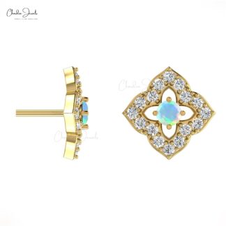 Flower Style Halo Diamond Studs In 14k Solid Gold Fire Opal 2mm Gemstone Wedding Earrings