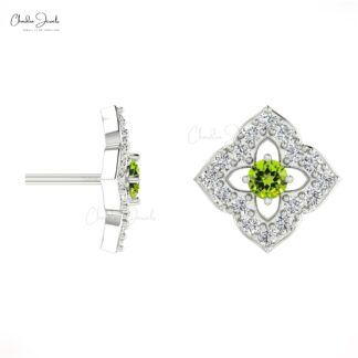 Floral Diamond Halo Studs With 2mm Peridot Gemstone 14k Real Gold Women Unique Earrings