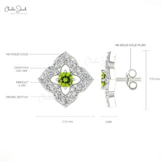 Floral Diamond Halo Studs With 2mm Peridot Gemstone 14k Real Gold Women Unique Earrings