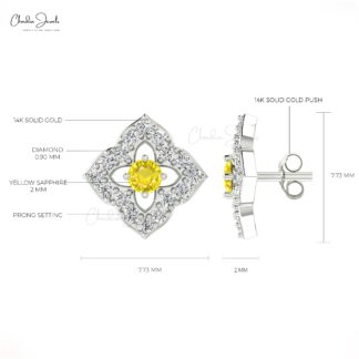 Daisy Floral Push Back Studs In 14k Solid Gold Yellow Sapphire Halo Diamond Women Earrings