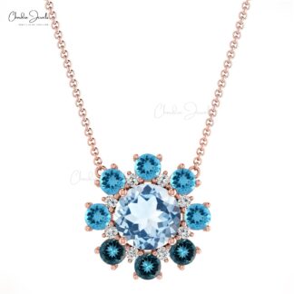 Unique Halo Diamond Matinee Necklace With 1.04 Ct Blue Topaz Gemstone Cluster Necklace