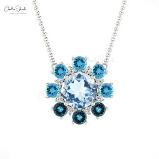 Unique Halo Diamond Matinee Necklace With 1.04 Ct Blue Topaz Gemstone Cluster Necklace
