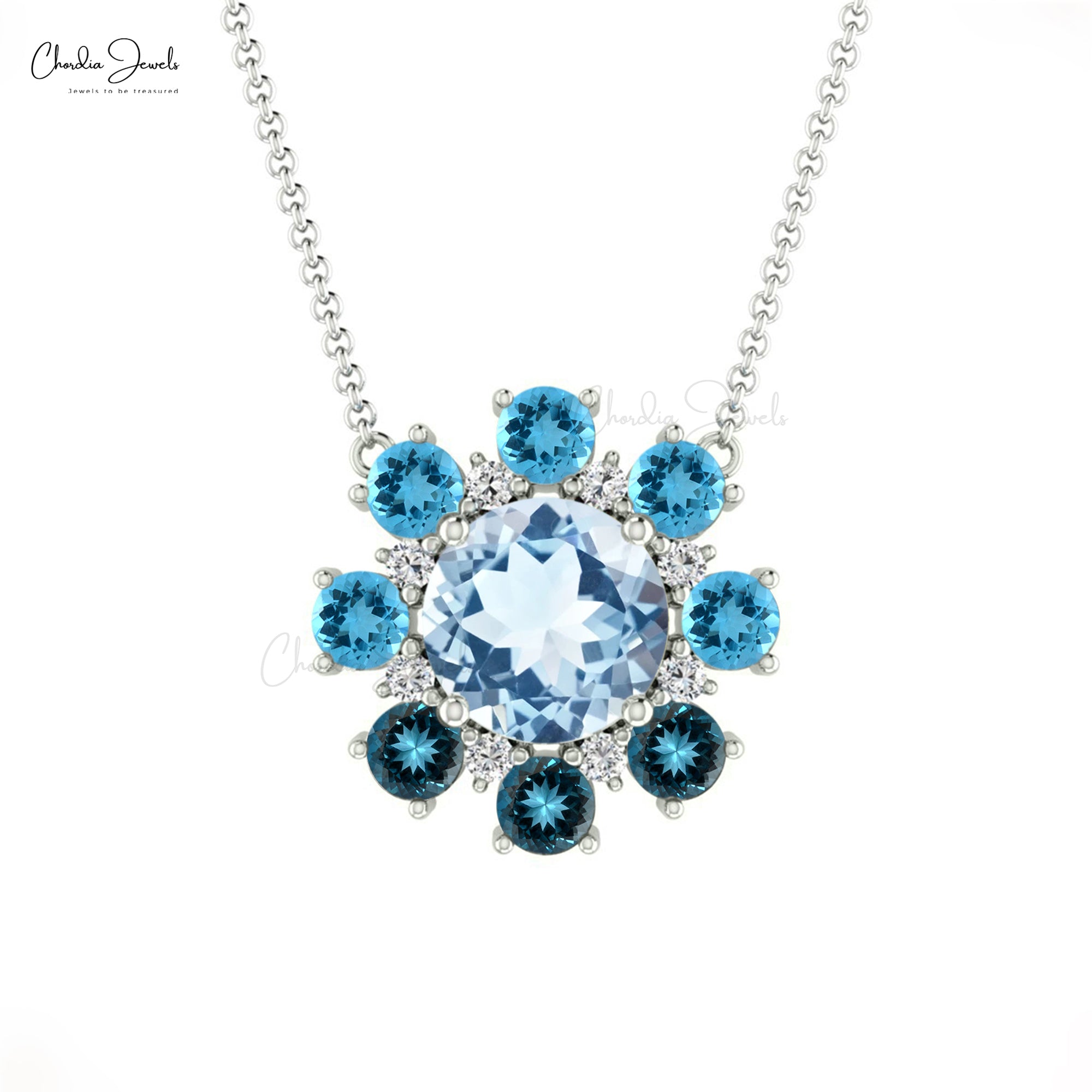 Unique Halo Diamond Matinee Necklace With 1.04 Ct Blue Topaz Gemstone Cluster Necklace