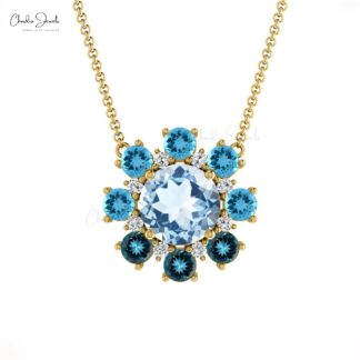 Unique Halo Diamond Matinee Necklace With 1.04 Ct Blue Topaz Gemstone Cluster Necklace