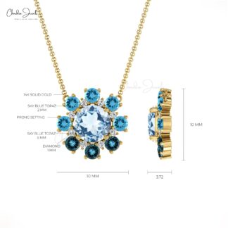 Unique Halo Diamond Matinee Necklace With 1.04 Ct Blue Topaz Gemstone Cluster Necklace
