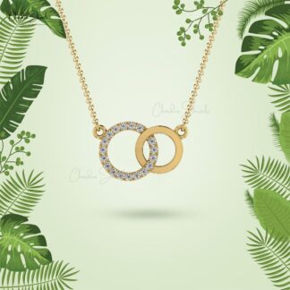 Interlocking Chain Necklace With 0.13 Ct White Diamond Open Circle Necklace in 14k Real Gold