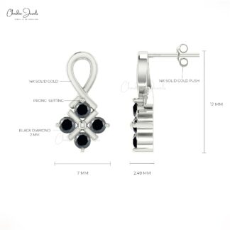 Delicate Four Stone Studs With 2mm Black Diamond Gemstone Women Earrings In 14k Solid Gold