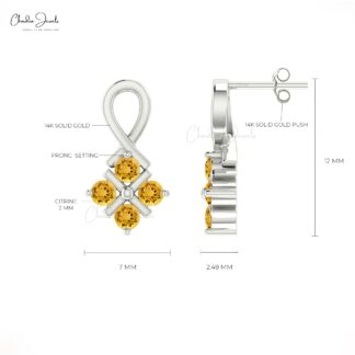 Twisted Gemstone Earring In 14k Pure Gold Round Citrine Cluster Push Back Studs