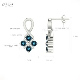 Natural London Blue Topaz Twisted Studs With 2mm Gemstone 14k Solid Gold Earrings
