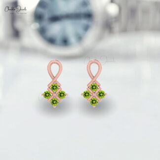 Round 4 Stone Twisted Earrings With 2mm Peridot Channel Set In 14k Real Gold Studs For Her