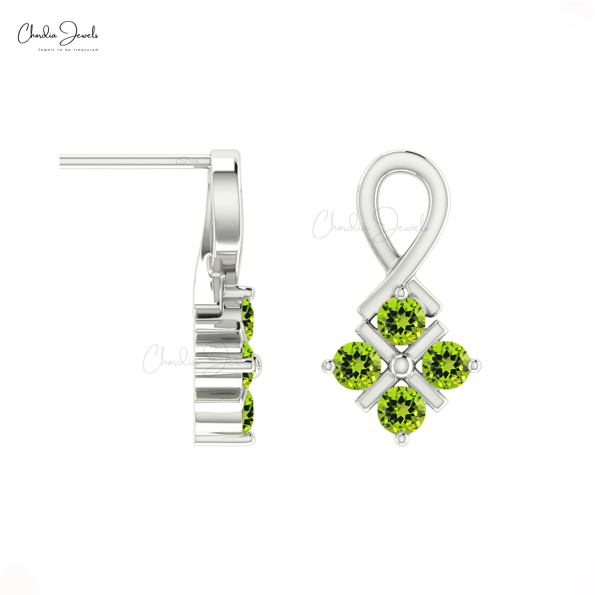 Round 4 Stone Twisted Earrings With 2mm Peridot Channel Set In 14k Real Gold Studs For Her