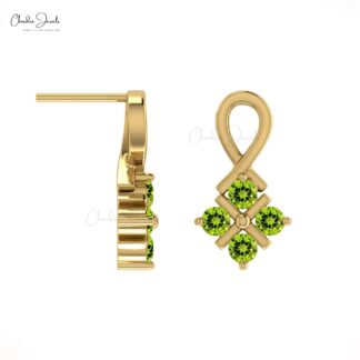 Round 4 Stone Twisted Earrings With 2mm Peridot Channel Set In 14k Real Gold Studs For Her