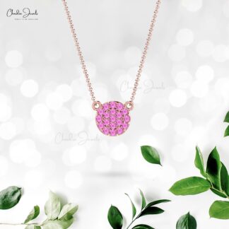 Dainty Gemstone Necklace With 1mm Pink Sapphire 14k Solid Gold Pave Necklace For GF
