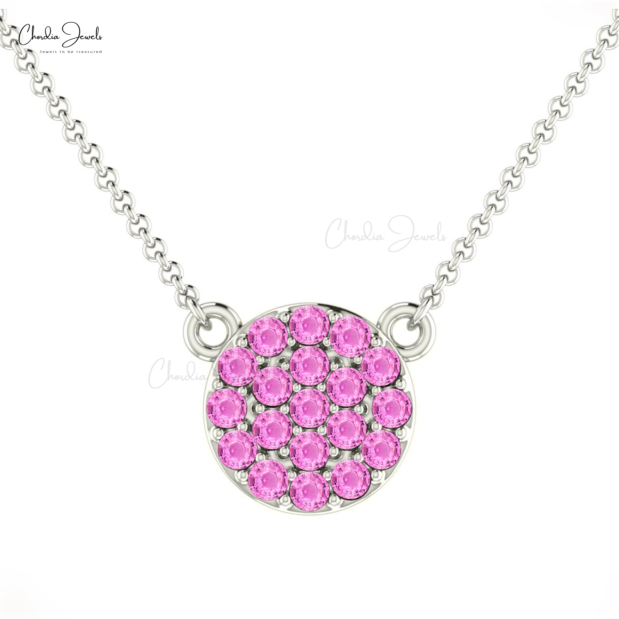 Dainty Gemstone Necklace With 1mm Pink Sapphire 14k Solid Gold Pave Necklace For GF