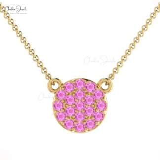 Dainty Gemstone Necklace With 1mm Pink Sapphire 14k Solid Gold Pave Necklace For GF