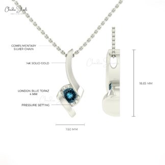 Twisted Round Cut Pendant In 14k Pure Gold London Blue Topaz 0.22 Ct Gemstone Necklace